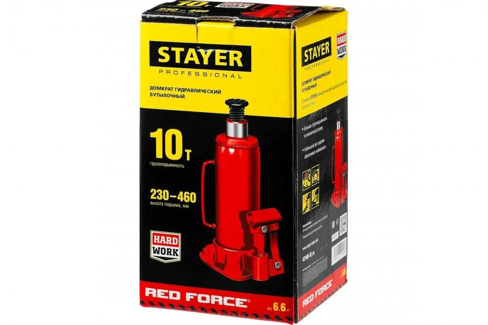 Домкрат STAYER RED FORCE, 10 т, 230 - 460 мм, бутылочный гидравлический домкрат, Professional (43160-10) МОТОУДАЧА. Магазин мототехники и садового инвентаря в Калуге