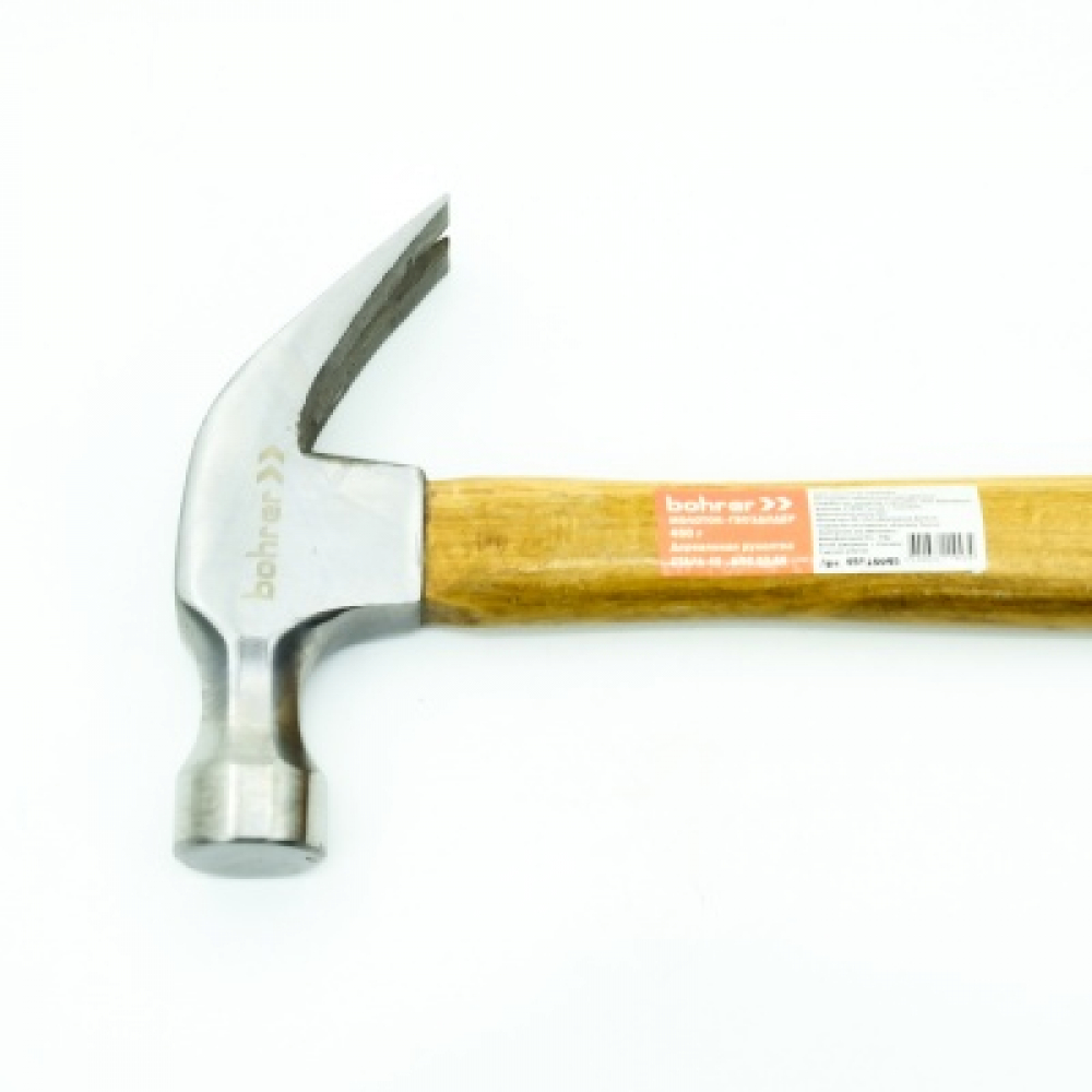 Молоток - гвоздодёр Bohrer 450 г. с деревянной рукояткой (круглый боек, cталь 45 HRC 50-58) (36/6/1) МОТОУДАЧА. Магазин мототехники и садового инвентаря с доставкой по всей России