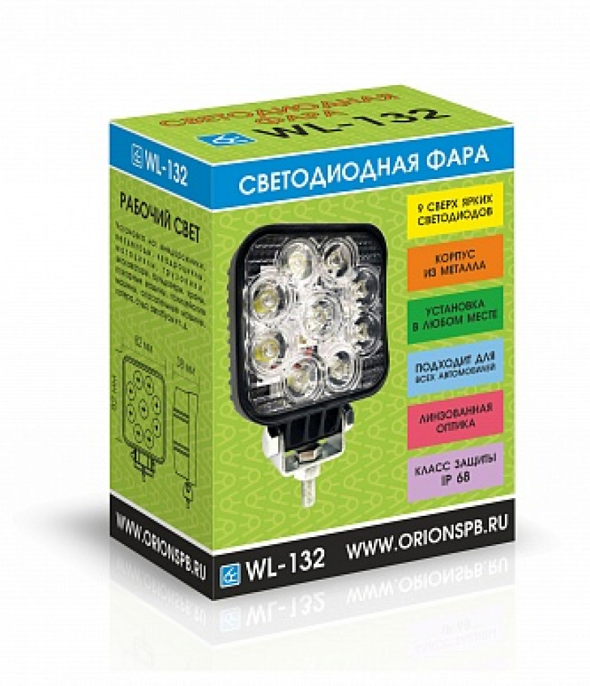 Светодиодная фара WL-132F (ближн. свет, кв. мет. корп. 9 LED по кругу, 27W) МОТОУДАЧА. Магазин мототехники и садового инвентаря с доставкой по всей России