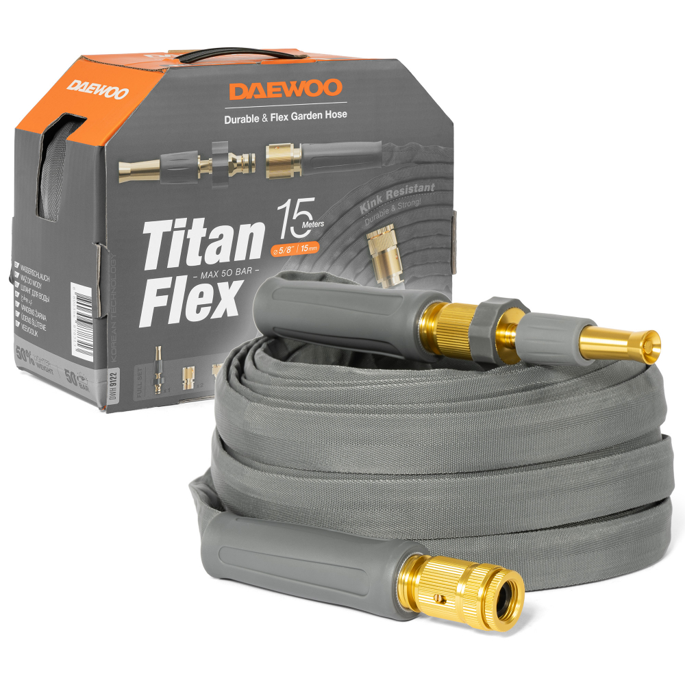 Шланг TitanFlex гибридный, длина 15м, диаметр  5/8" (15мм), с комплектом для полива  НОВИНКА МОТОУДАЧА. Магазин мототехники и садового инвентаря с доставкой по всей России