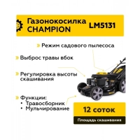 Газонокосилка CHAMPION LM5131 (3кВт привод 501мм 60л 25-75мм 1рычаг/7, 33,8кг 3в1), CHAMPION, LM5131 Мотоудача. Магазин садового инвентаря и техники в Калуге